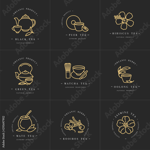 Vector set design golden templates logo and emblems - organic herbs and teas . Different teas icon. Logos in trendy linear style isolated on white background.