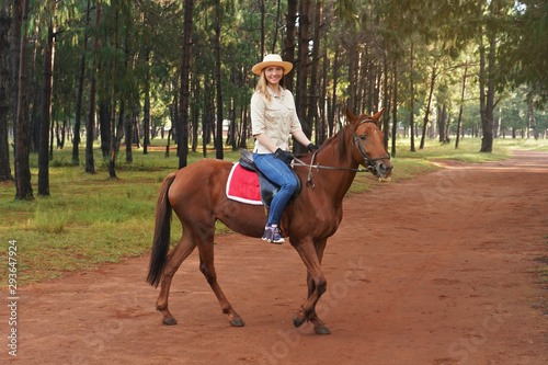 Young woman in shirt and straw hat, riding brown horse, blurred background with trees in park © Lubo Ivanko