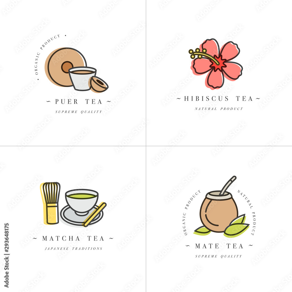 spectrum Diplomacy Moral Vector set design colorful templates logo and emblems - organic herbs and  teas . Different teas icon-puer, hibiscus, mate and matcha. Logos in trendy  linear style isolated on white background. Stock Vector 
