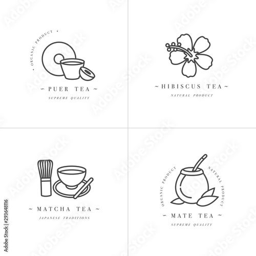 Vector set design monochrome templates logo and emblems - organic herbs and teas . Different teas icon-puer, hibiscus, mate and matcha. Logos in trendy linear style isolated on white background.
