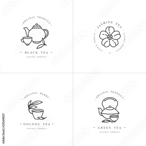Vector set design monochrome templates logo and emblems - organic herbs and teas . Different teas icon- jasmine, black, green and oolong . Logos in trendy linear style isolated on white background.