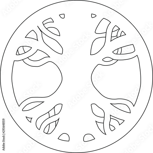 Yggrrasil ash, scandinavian Norse Mythology symbol. Symbol of belief of vikings. Old Norse symbol of mythical holy ash tree uniting the realms. Isolated vector illustration. Black and white line art. photo