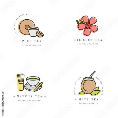 Vector set design colorful templates logo and emblems - organic herbs and teas . Different teas icon-puer, hibiscus, mate and matcha. Logos in trendy linear style isolated on white background.