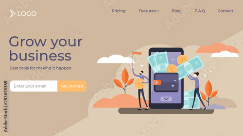 Mobile wallet tiny persons vector illustration landing page template design