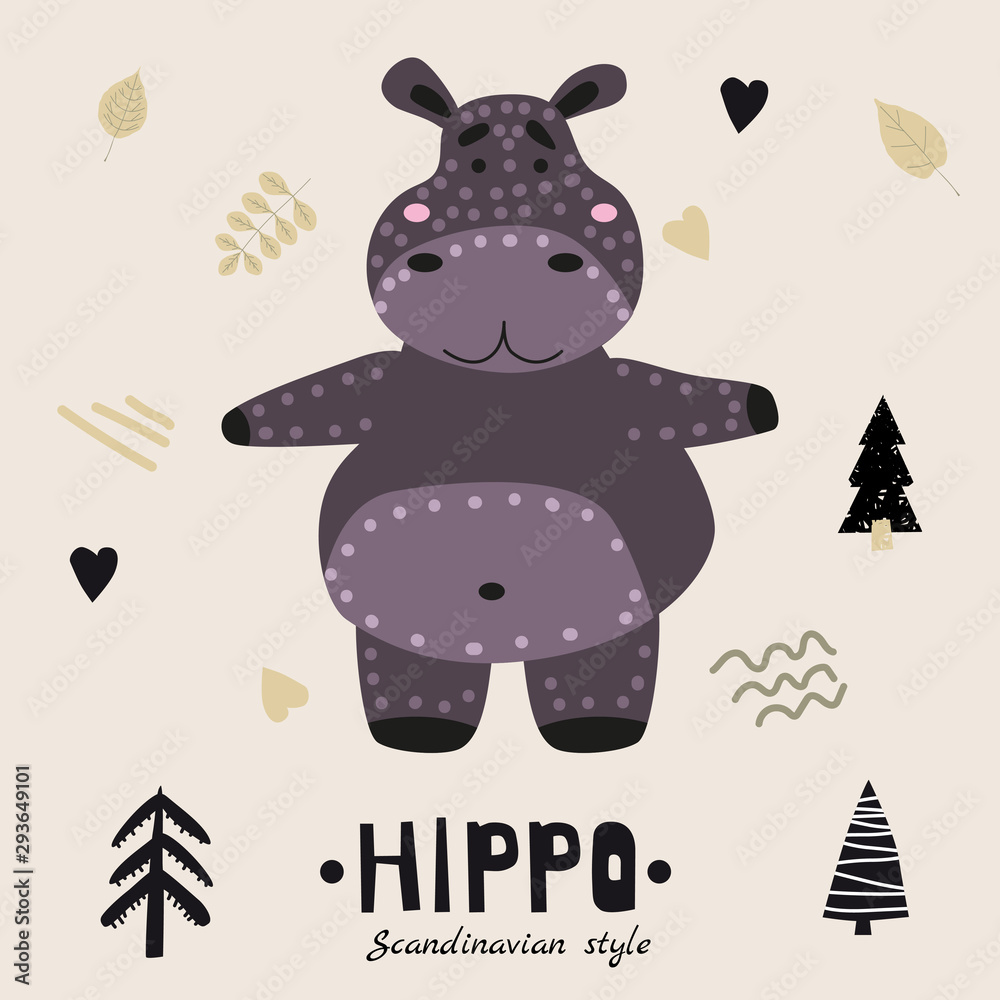 Naklejka premium Hippopotamus cute funny character. Childish vector illustration in scandinavian style