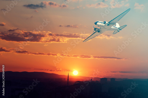 Airplane in the sky. Copy space of business summer vacation and travel adventure concept. Airplane sky and sunshine
