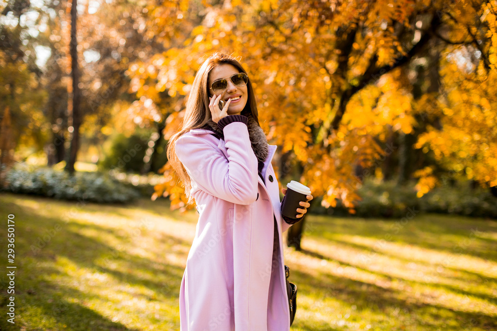 Beautiful woman using phone and drink coffee in autumn park