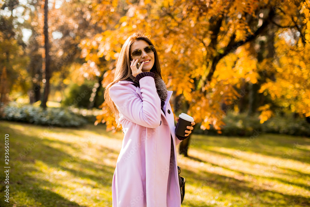 Beautiful woman using phone and drink coffee in autumn park Beautiful woman using phone and drink coffee in autumn park