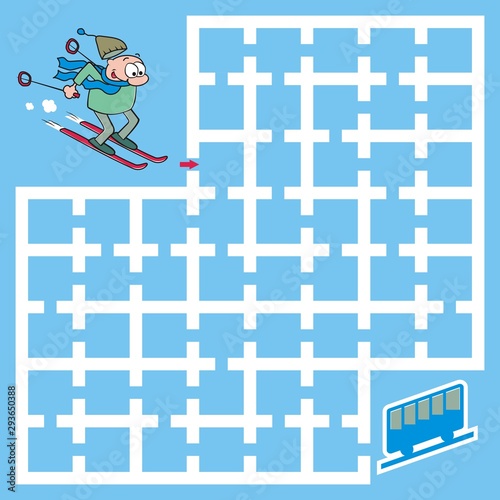 Maze, skier looking for way to cabin lift, vector funny illustration. Humorous man goes to the cable way.