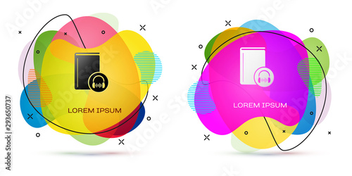 Color Audio book icon isolated on white background. Book with headphones. Audio guide sign. Online learning concept. Abstract banner with liquid shapes. Vector Illustration