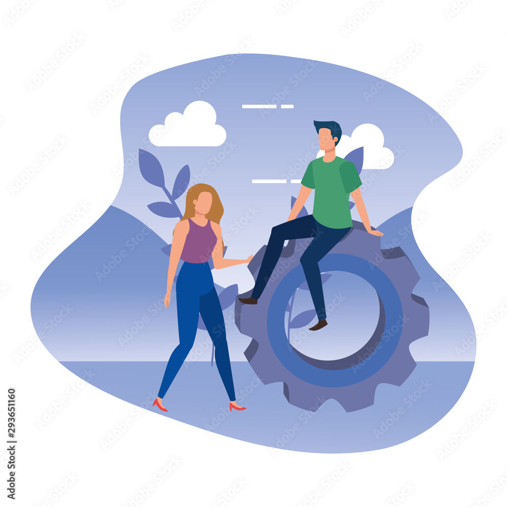 young couple with gear in landscape vector illustration design