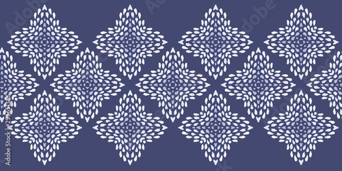 Vector indigo batik border with irregular dots texture in geometric layout. Ethnic green doodle frame for invitation and greeting cards, paper goods, scrapbooking projects, backgrounds.