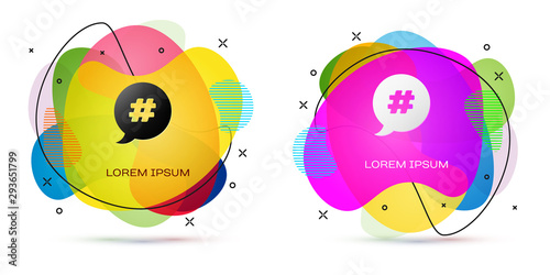 Color Hashtag speech bubble icon isolated on white background. Concept of number sign, social media marketing, micro blogging. Abstract banner with liquid shapes. Vector Illustration