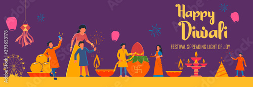 illustration of Indian people celebrating on Happy Diwali Hindu Holiday background for light festival of India