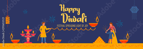 illustration of Indian people celebrating on Happy Diwali Hindu Holiday background for light festival of India