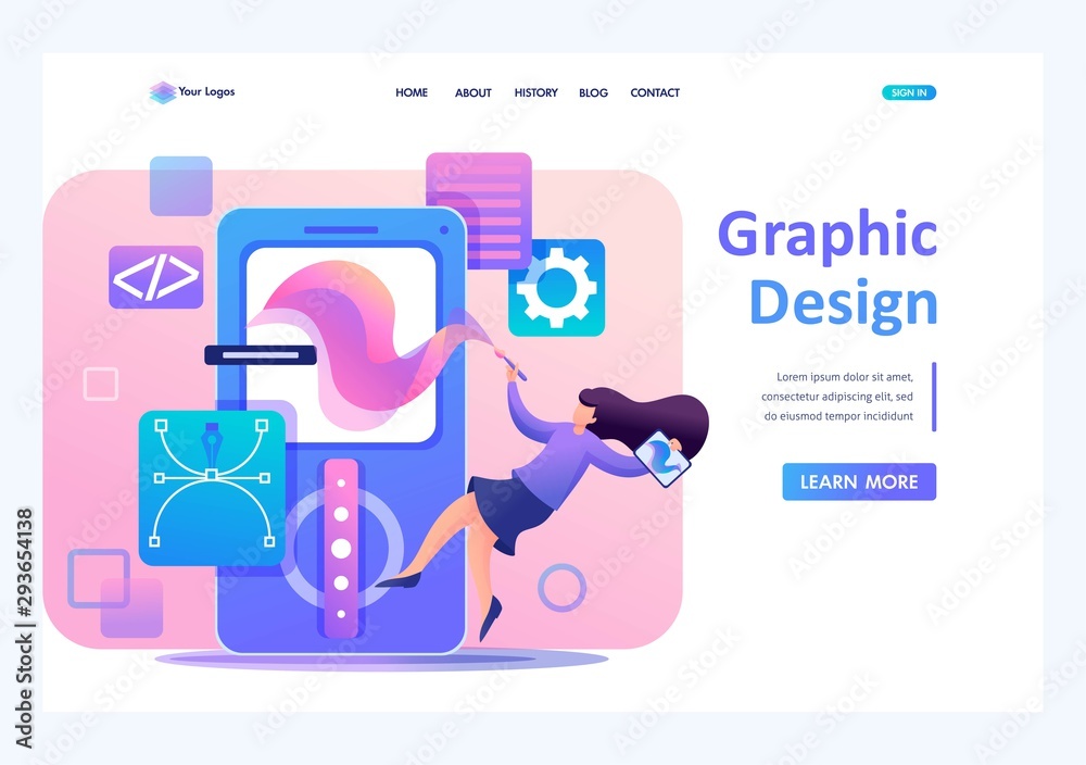 Girl designer is engaged in the design of the application design, the development of graphic design menu. Flat 2D character. Landing page concepts and web design Girl designer is engaged in the design of the application design, the development of graphic design menu. Flat 2D character. Landing page concepts and web design
