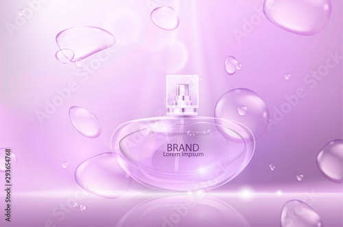 Vector illustration of a realistic style perfume in a glass bottle. Great advertising poster for promoting a new fragrance.