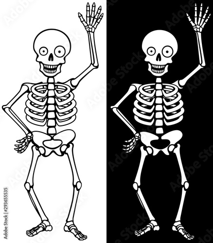 Vector illustration of a happy, waving cartoon skeleton, against a white and a black background.