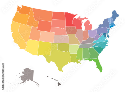 Blank map of USA, United States of America, in colors of rainbow spectrum