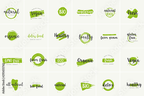 Organic food, farm fresh and natural product icons and elements collection for food market, ecommerce, organic products promotion, healthy life and premium quality food and drink. © oxygen_8