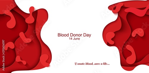 World Blood Donor Day 14 June vector paper cut poster. Papercut red cell and abstract blood drop. Vector medicine 3d illustration. Creative donor or Hemophilia day banner with layered background