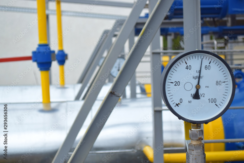 Oil and gas industry, High-pressure gas pipeline, blue and yellow, Piping and valves, Equipment of the gas energy station in Ukraine Oil and gas industry, High-pressure gas pipeline, blue and yellow, Piping and valves, Equipment of the gas energy station in Ukraine