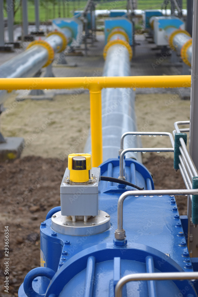 Oil and gas industry, High-pressure gas pipeline, blue and yellow, Piping and valves, Equipment of the gas energy station in Ukraine