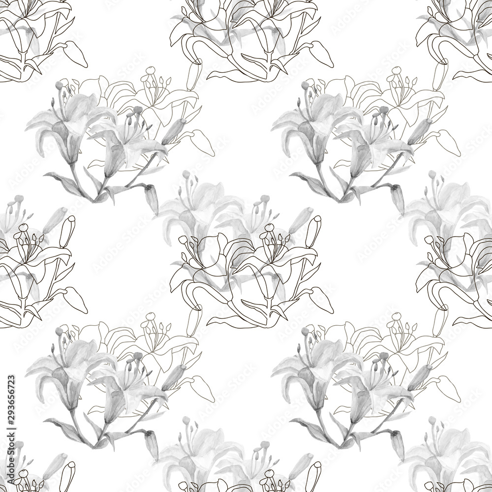 Fototapeta premium Lily.Seamless pattern of flowers on a white and colored background.