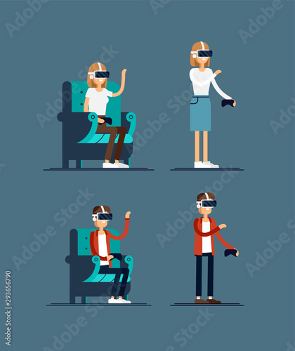 Cool vector concept on virtual reality headset in use. Guy and girl experiences full immersion into virtual reality trying to touch non-physical object. Male and female character enjoying VR device.