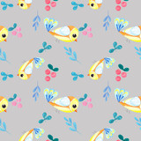 Seamless pattern with watercolor yellow birds, colorful autumn design. Watercolor illustration in Scandinavian style for t-shirts, fabrics, stickers, packaging paper