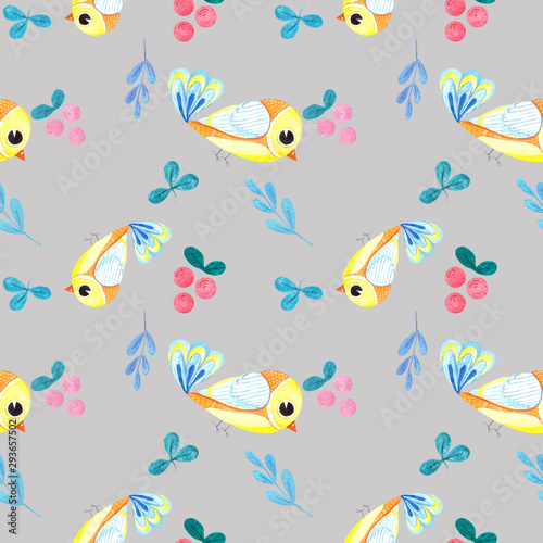 Seamless pattern with watercolor yellow birds, colorful autumn design. Watercolor illustration in Scandinavian style for t-shirts, fabrics, stickers, packaging paper