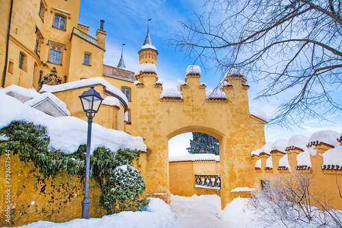 Hohenschwangau fairy-tale castle in Germany in winter. Fussen, Bavaria (Bayern). A lot of snow. Popular tourist attraction.  photo