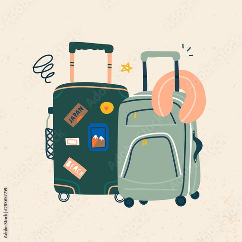 Suitcases with wheels. Luggage bag, suitcase, travel bag. Vacation, holiday. Hand drawn vector trendy illustration. Cartoon style. Flat design. Greeting card. Suitcases with various travel stickers