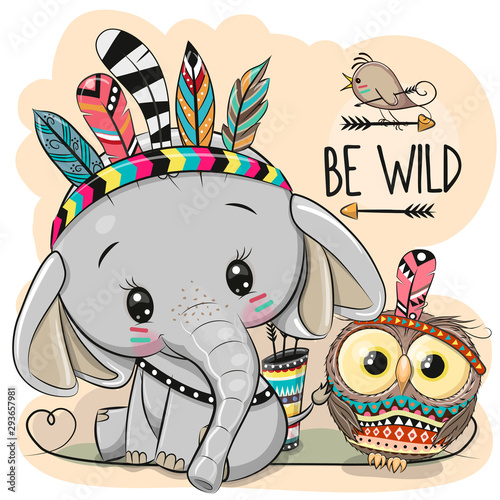 Cartoon tribal Elephant and owl with feathers