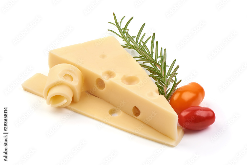 Emmental cheese triangle, Swiss cheese, isolated on white background