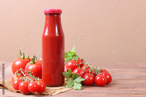 ketchup on the table. Tomato sauce, fresh tomatoes, spices.