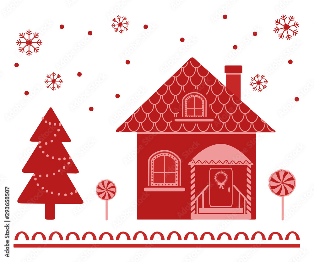 Christmas. Folk art. House, spruce, snow and christmas toys on white background.
