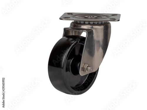 An industrial phenolic wheel in a metal swivel backet isolated on the white background