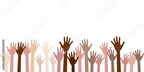 Hands with skin color diversity vector background. Solidarity concept icons, social, national, racial issues symbols. Helping hand prints, human palms - working together, collaboration concept.