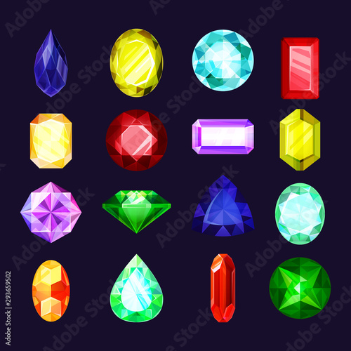 Colorful gems, crystal jewels and diamond icons