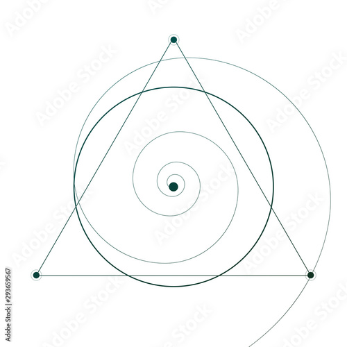 Sacred geometry tattoo sketch with triangles, spirals and particles isolated on white.