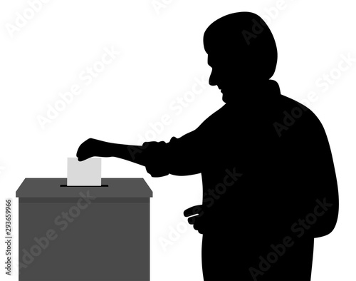 Man voter putting ballot voting paper in blank ballot box. Space for your text.