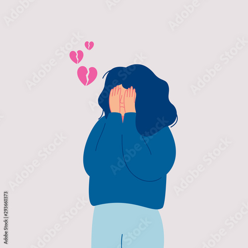Desperate sad young woman with broken heart cries covering her face with her hands. Hand drawn style vector design illustrations.