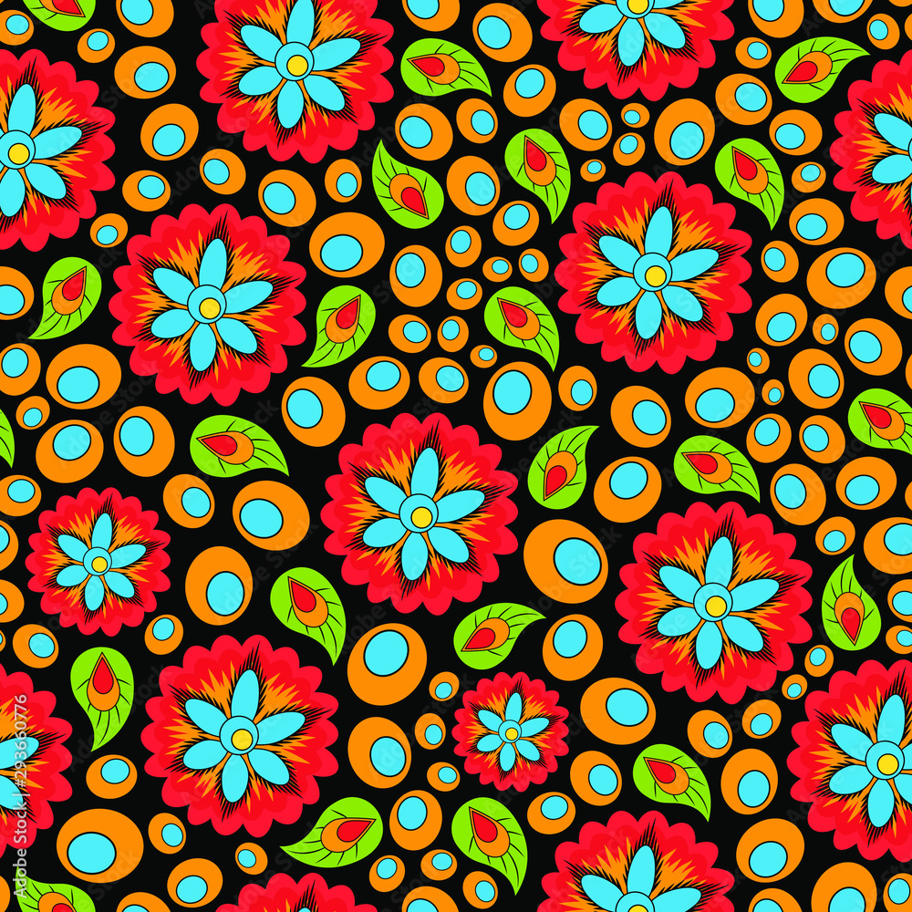 Seamless pattern of colored flowers and leaves on a black background, for your design
