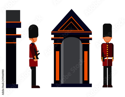 Royal guard of London at a post near the Tower of London. English guard soldier concept illustration.
