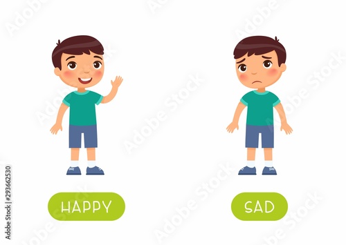 Childish word card with opposites vector template. Flash card for foreign language with little child. Mood concept, happy and sad. Smiling and unhappy boy flat illustration with typography