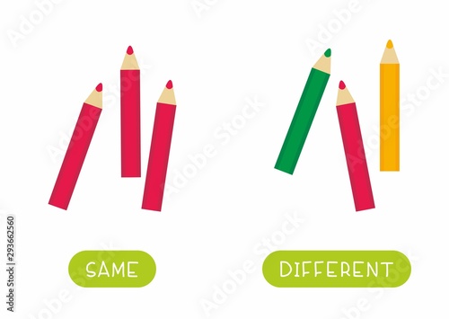 Educational word card for children vector template. Flash card for language studying with stationery items. Antonyms, diversity concept. Same and different pencils flat illustration with typography