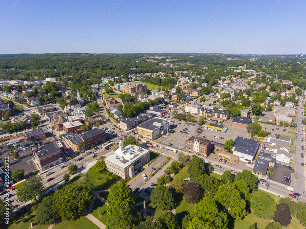Waltham City Hall and Central Square Historic District aerial view in downtown Waltham, Massachusetts, MA, USA.