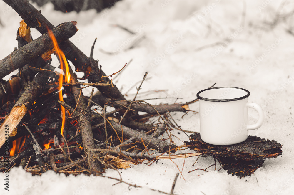 custom made wallpaper toronto digitalWalking mug with coffee near the campfire. Concept hike, walk, trip in winter