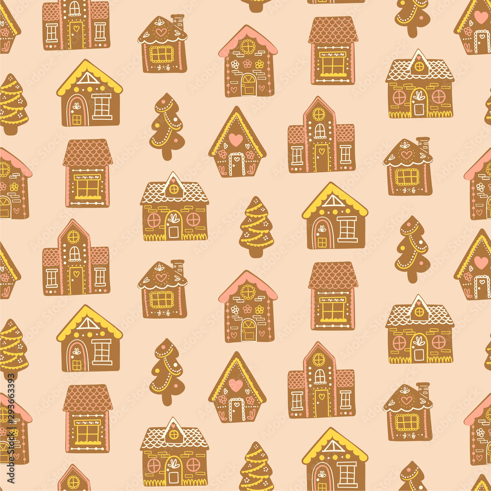 Gingerbread House Christmas Seamless Pattern